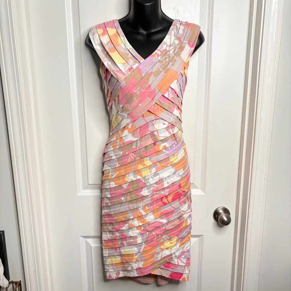 London Times Floral Pleated Sheath Dress Pink Orange Sleeveless Surplice Size 10